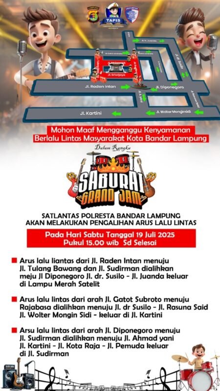 “Polresta Bandar Lampung Rekayasa Lalu Lintas Jelang Saburai Grand Jam, Arus Dialihkan Mulai Pukul 15.00 WIB”