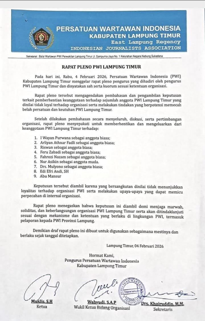 Konflik Penjaringan Ketua PWI Lamtim, Muklis Gelar Pleno Dadakan dan Pecat 9 Anggota