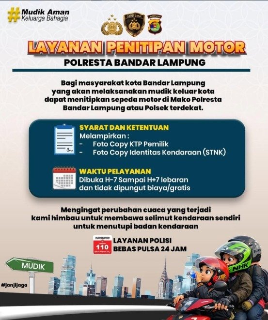 Mudik Lebaran, Kendaraan Warga Bandar Lampung Bisa Dititipkan Gratis di Kantor Polisi