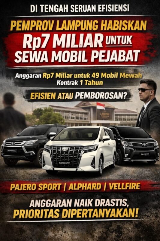 Rp7 Miliar untuk Sewa Mobil Pejabat, Komitmen Efisiensi Pemprov Lampung Dipertanyakan